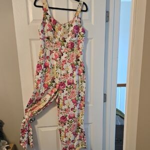 eesome White Floral Jumpsuit with Pink and Yellow Flowers